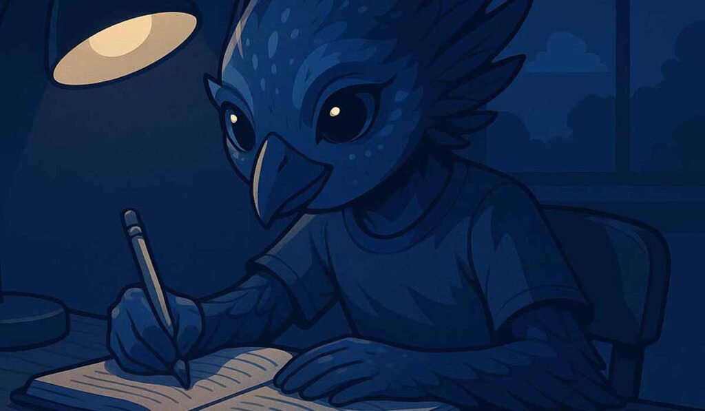 Illustration of a bird-like student writing in a notebook under the glow of a desk lamp at night, with a window showing a dark sky outside.