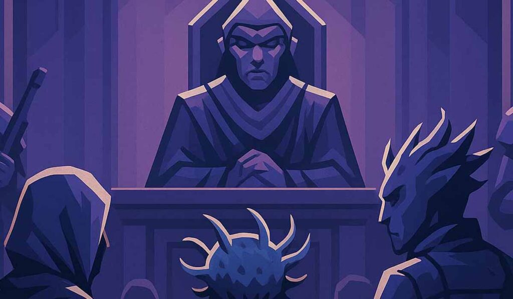 Illustration of a stern judge seated at a high bench, overlooking a courtroom with alien defendants and hooded figures under a dramatic purple light.