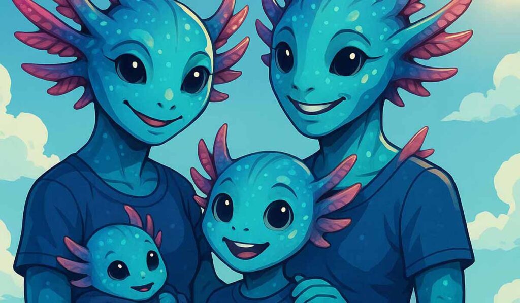 Illustration of a smiling blue alien family with pink frilled head crests, consisting of two parents and two children, standing close together against a bright sky.