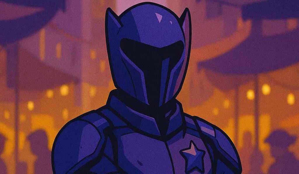 Illustration of a armored peacekeeper in a dark helmet and uniform, standing guard in a crowded city square illuminated by warm lights.
