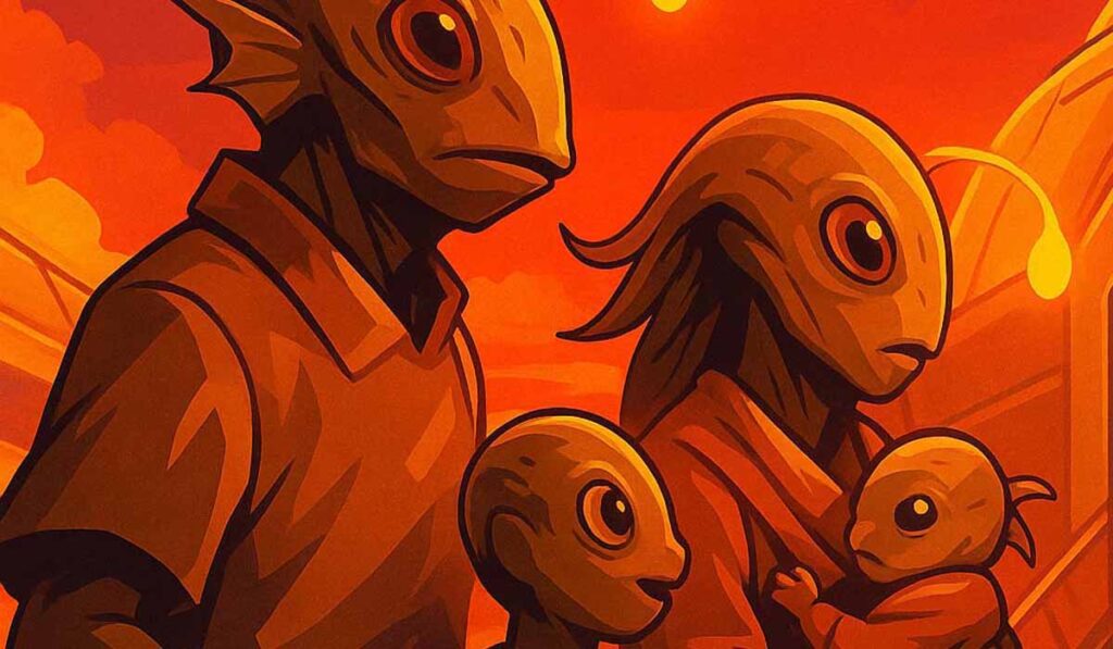 Illustration of an alien family with fish-like features and glowing antennae standing together at sunset, the parents holding their children close.
