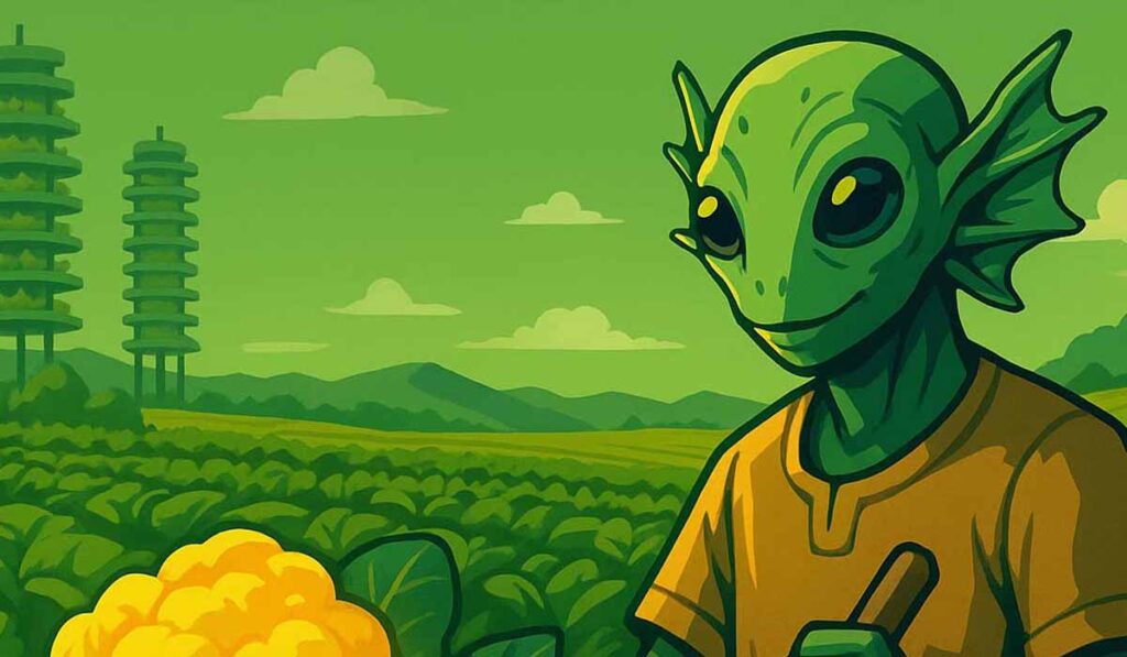 Illustration of a green, fish-like alien farmer smiling while working in a lush crop field with mountains and futuristic farming towers in the background.