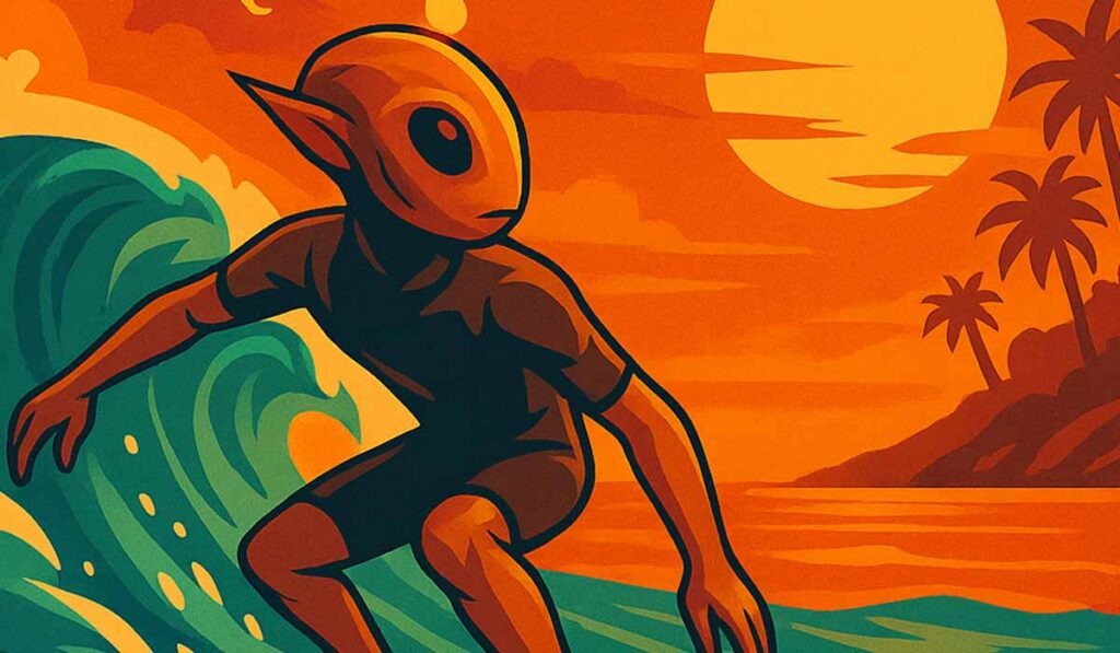 Illustration of an alien figure surfing on a large wave at sunset, with palm trees and an island in the background under an orange sky.