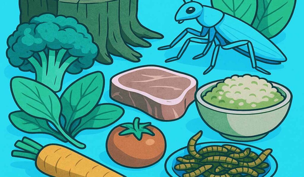llustration of diverse food items including broccoli, spinach leaves, carrot, tomato, steak, a bowl of rice, mealworms, and a large blue insect, all arranged on a bright blue background.