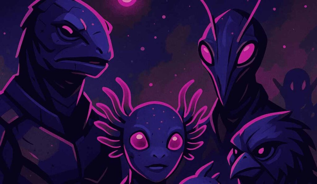 Illustration of a group of different alien species with glowing pink eyes, standing together in the shadows under a dark sky, illuminated by a magenta light.