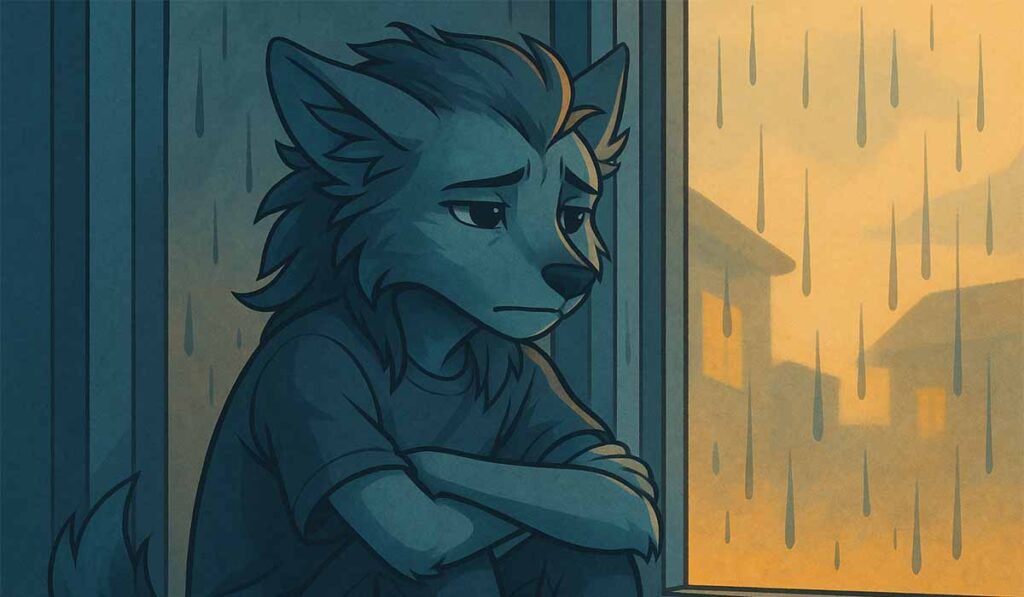 Anthropomorphic wolf-like character sitting sadly by a window on a rainy day, arms wrapped around their knees, gazing outside with a downcast expression.
