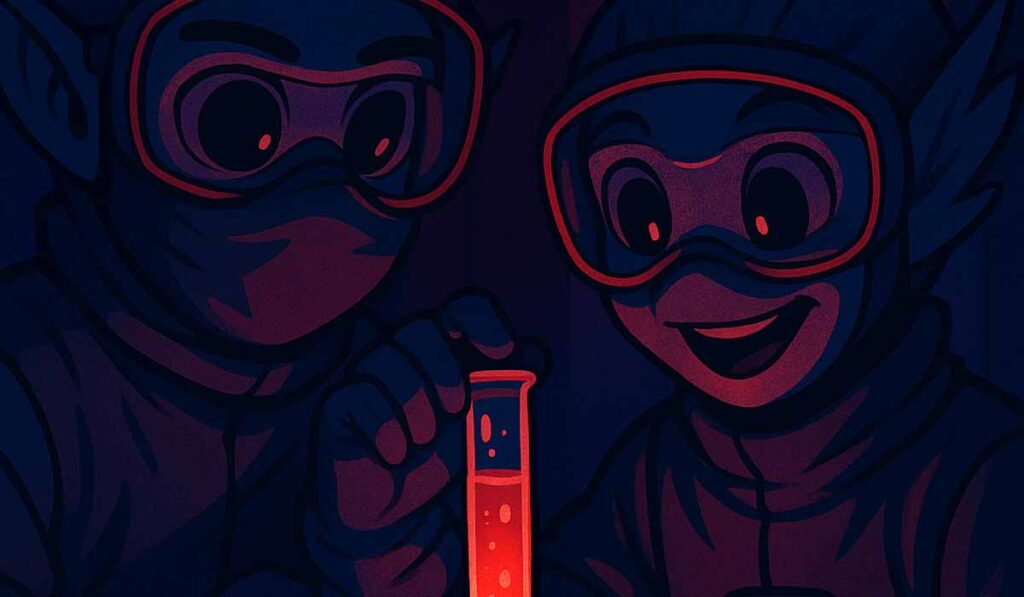 Illustration of two alien students wearing safety goggles and lab gear, holding a glowing test tube with excitement during a science experiment.