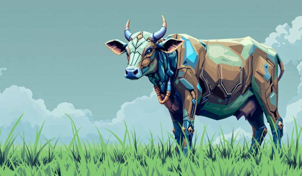 Illustration of a biomechanical cow with metallic plating and glowing accents, standing in a grassy field under a cloudy sky.