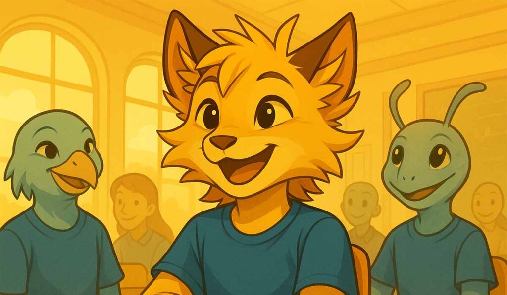 Cartoon illustration of smiling anthropomorphic students — a fox, a bird, and an insect-like alien — sitting together in a classroom, all wearing matching blue shirts.