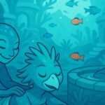 Illustration of aquatic aliens and an avian alien relaxing in an underwater spa with ancient architecture and fish swimming around.