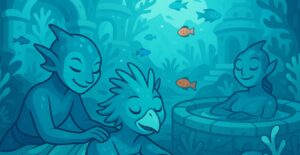 Illustration of aquatic aliens and an avian alien relaxing in an underwater spa with ancient architecture and fish swimming around.