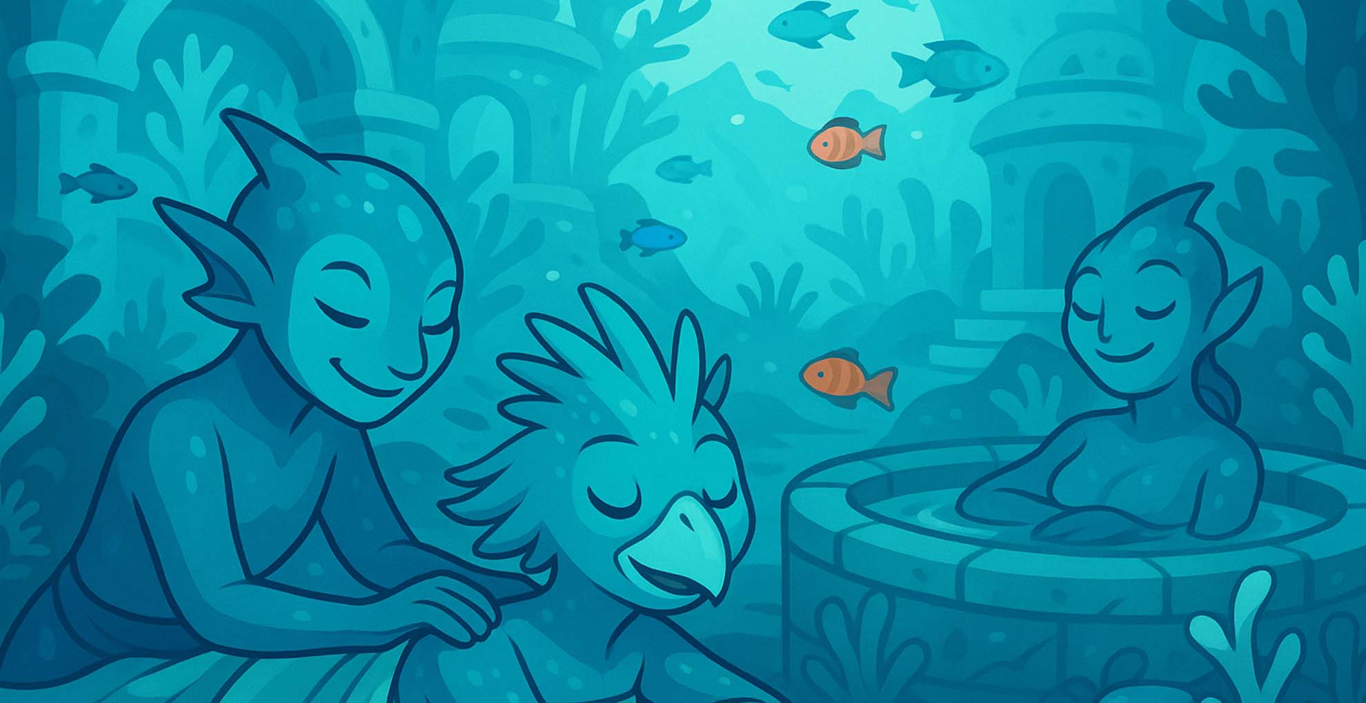 Illustration of aquatic aliens and an avian alien relaxing in an underwater spa with ancient architecture and fish swimming around.