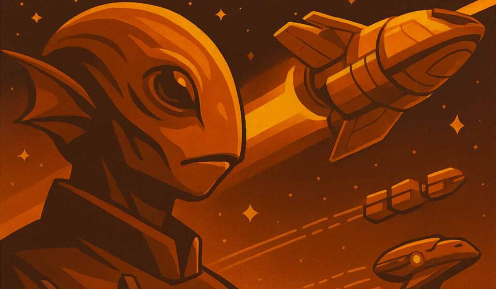 Illustration of a determined alien figure in uniform looking into the distance, with spacecraft launching and traveling through the stars in the background.