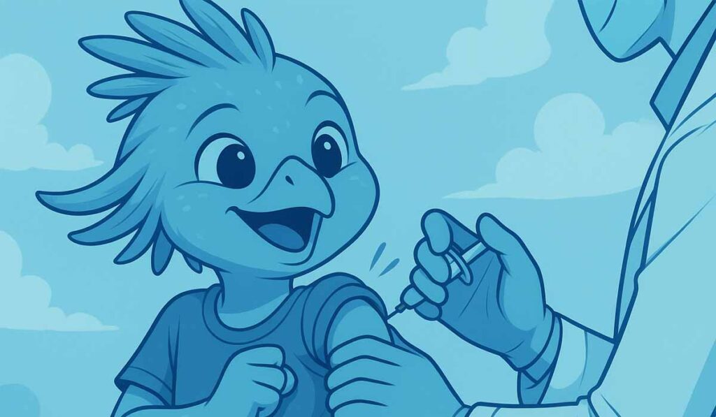 Illustration of a happy bird-like child receiving a vaccination in the arm from a doctor. The child is smiling with excitement while the doctor administers the shot.