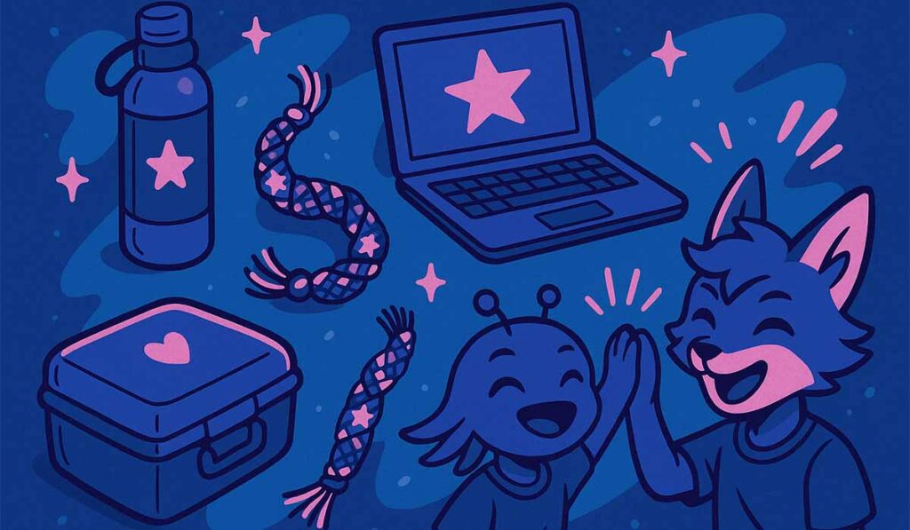 Illustration of cheerful alien and animal-like students high-fiving, surrounded by school essentials including a laptop, water bottle, lunchbox, and colorful friendship bracelets.