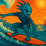 Alien surfer riding a wave at sunset on an orange surfboard with the ocean and coastline in the background.