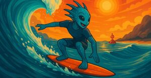 Alien surfer riding a wave at sunset on an orange surfboard with the ocean and coastline in the background.