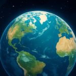 Artistic illustration of planet Earth seen from space, showing the Americas, Europe, and Africa with surrounding stars in the background.