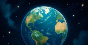 Artistic illustration of planet Earth seen from space, showing the Americas, Europe, and Africa with surrounding stars in the background.