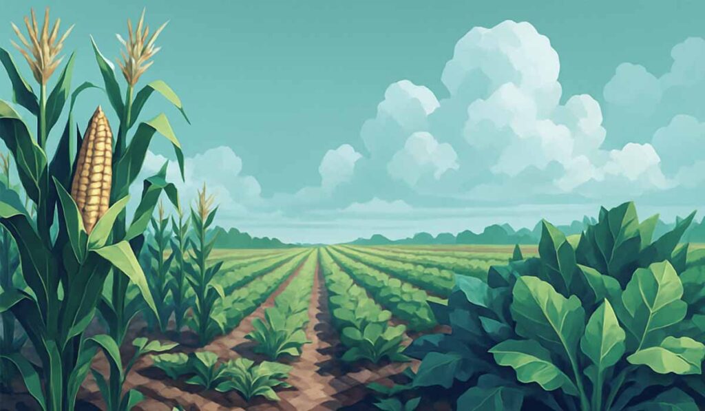 Illustration of a vast farmland with rows of crops under a bright sky, featuring corn stalks in the foreground and leafy plants stretching toward the horizon.