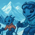 Illustration of alien children skiing down snowy slopes with mountains, pine trees, and a lodge in the background.