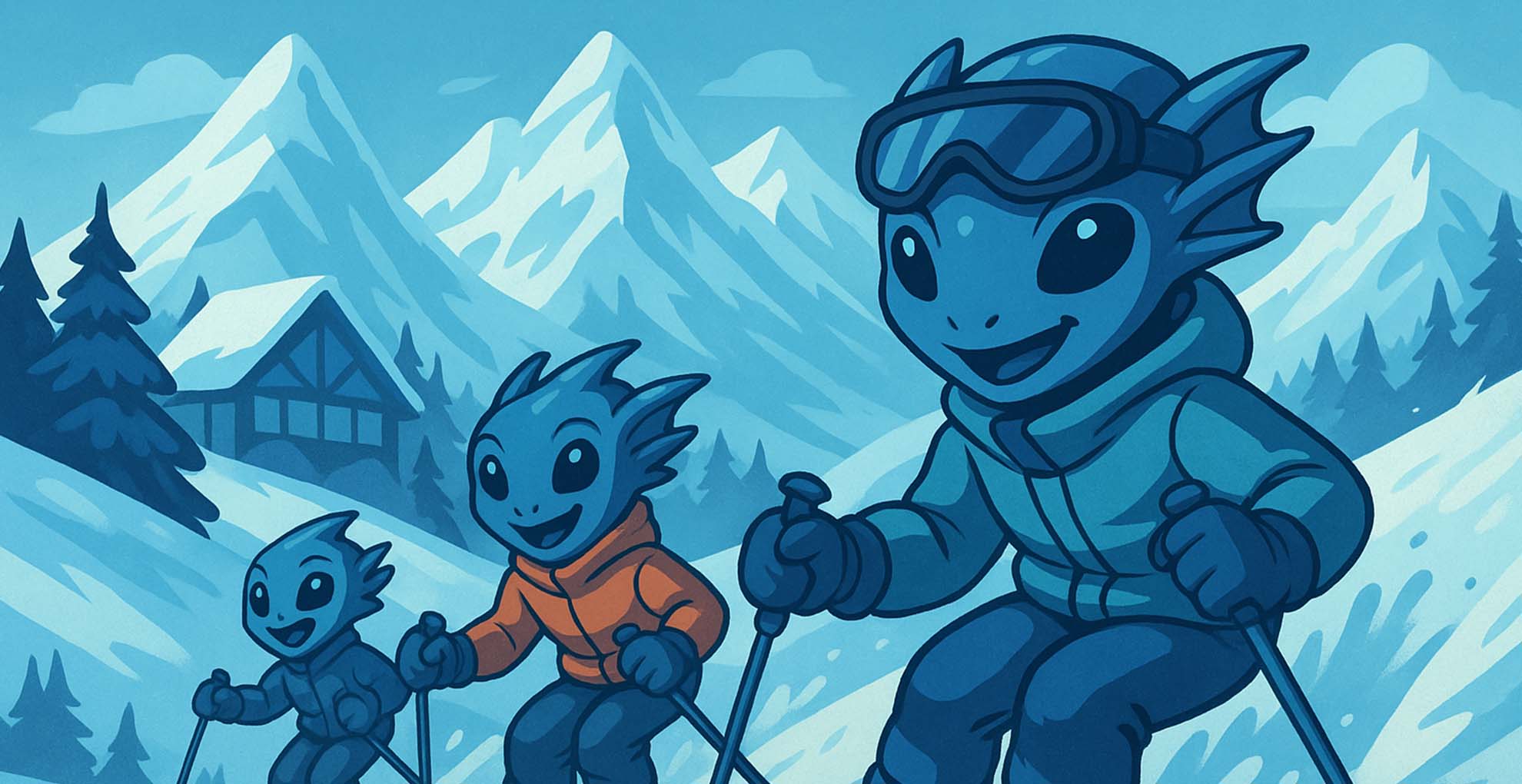 Illustration of alien children skiing down snowy slopes with mountains, pine trees, and a lodge in the background.