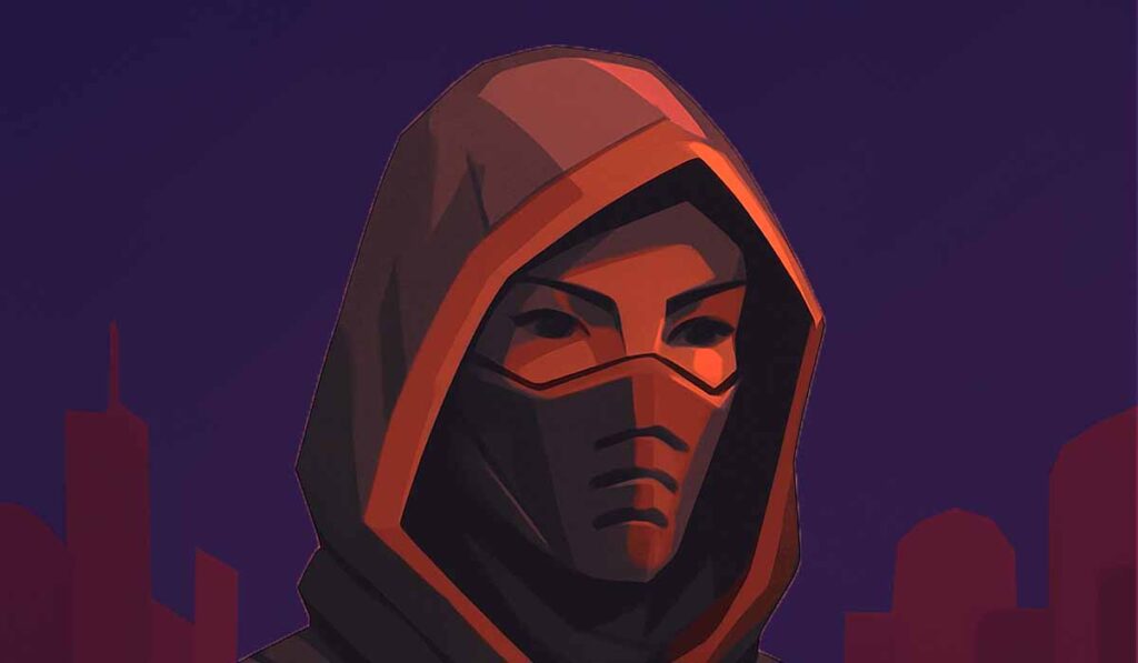 Illustration of a masked and hooded figure in red and black, standing against a dark cityscape, their expression hidden and ominous.