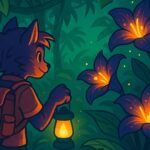 Alien explorer with a lantern discovering glowing flowers in a dense jungle at night.