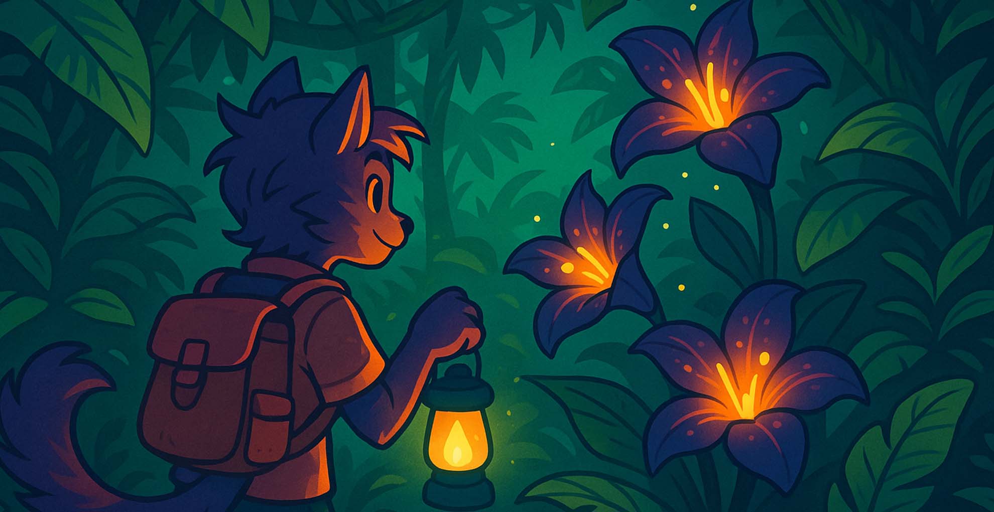 Alien explorer with a lantern discovering glowing flowers in a dense jungle at night.