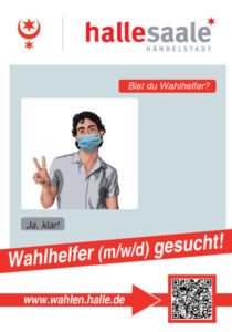 Plakatdesign der Stadt Halle (Saale) zur Wahlhelfer-Suche, mit Illustration einer Person mit Maske, die das Peace-Zeichen zeigt