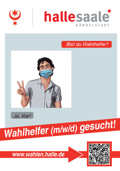 Plakatdesign der Stadt Halle (Saale) zur Wahlhelfer-Suche, mit Illustration einer Person mit Maske, die das Peace-Zeichen zeigt