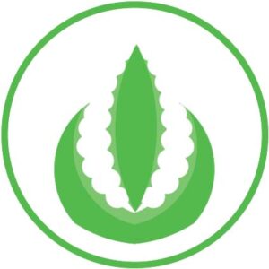Grünes, stilisiertes Logo mit Blatt- und Pflanzenform in einem Kreis