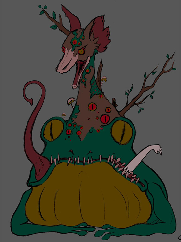 Illustration eines hybriden Fantasiewesens mit tierischen und pflanzlichen Merkmalen
