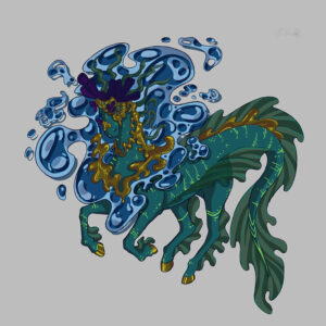 Illustration eines mythischen, pferdeähnlichen Wasserwesens, das von spritzenden Wasserblasen umgeben ist