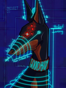 Illustration eines futuristischen Dobermanns mit mehreren roten Augen und Neon-Elementen
