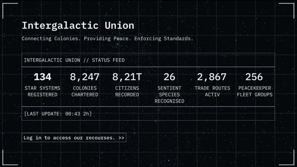 Intergalactic Union Dashboard im Figma-Prototypen mit futuristischen Statuszahlen zu Sternensystemen, Kolonien, Bürgern und Handelsrouten