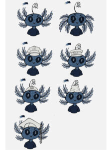 Illustration eines blauen Maskottchens mit verschiedenen Hüten als mögliche Designidee für die IU Website.
