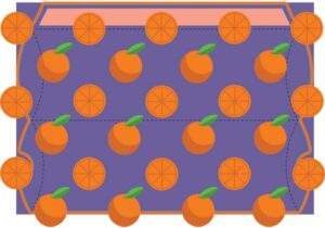 Illustratives Verpackungsdesign mit orangenförmigen Motiven auf violettem Hintergrund, erstellt während der Ausbildungszeit