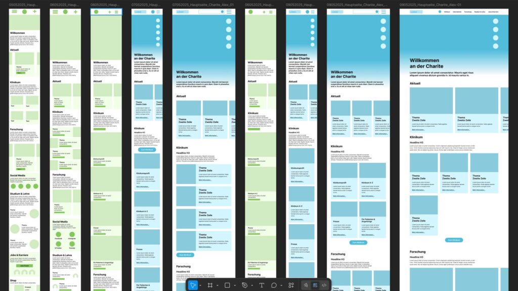 Wireframe- und Layout-Entwürfe für die mobile Startseite der Charité-Website, verschiedene Varianten im Vergleich.