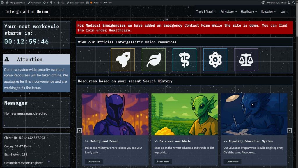 Screenshot einer intergalaktischen WordPress-Website mit Navigation, Warnmeldung und Ressourcen-Karten
